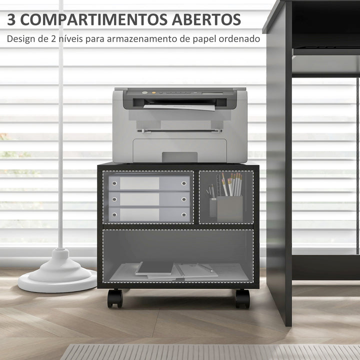 Móvel para Impressora com Rodas Suporte para Impressora com Compartimentos Abertos para Escritório Estúdio 40x30x36 cm Preto