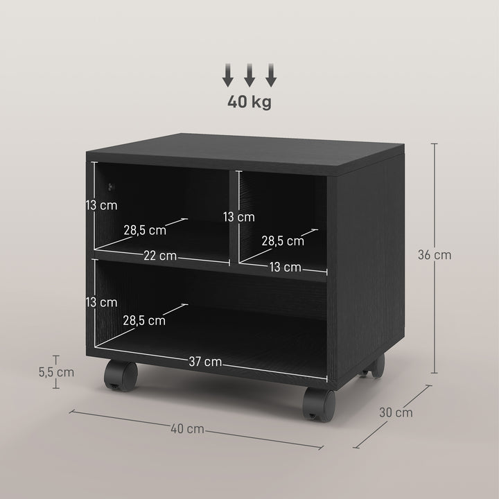 Móvel para Impressora com Rodas Suporte para Impressora com Compartimentos Abertos para Escritório Estúdio 40x30x36 cm Preto