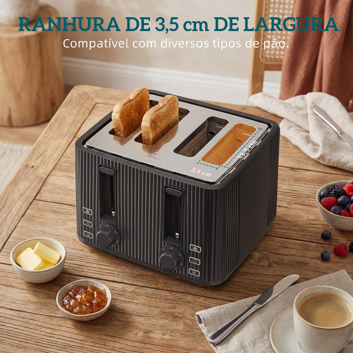 Torradeira de 4 Ranhuras Largas, Torradeira de Pão, 7 Níveis de Torragem, Função Descongelar, Aquecer e Cancelar, Bandeja de Migalhas Removível, 1710W, Preto