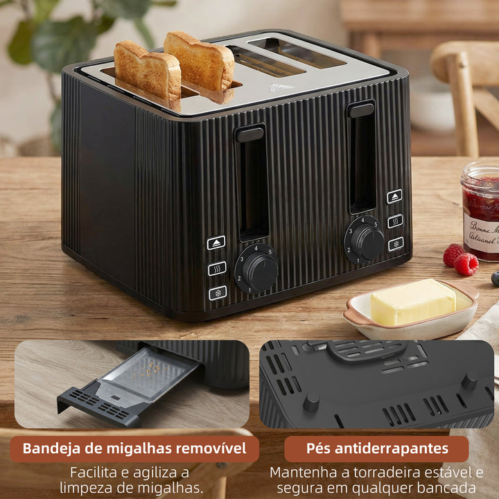 Torradeira de 4 Ranhuras Largas, Torradeira de Pão, 7 Níveis de Torragem, Função Descongelar, Aquecer e Cancelar, Bandeja de Migalhas Removível, 1710W, Preto