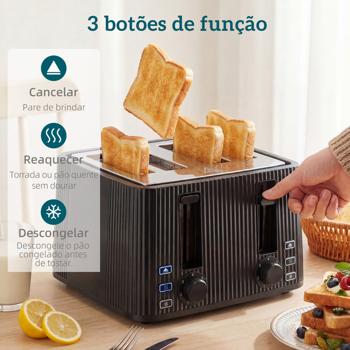 Torradeira de 4 Ranhuras Largas, Torradeira de Pão, 7 Níveis de Torragem, Função Descongelar, Aquecer e Cancelar, Bandeja de Migalhas Removível, 1710W, Preto