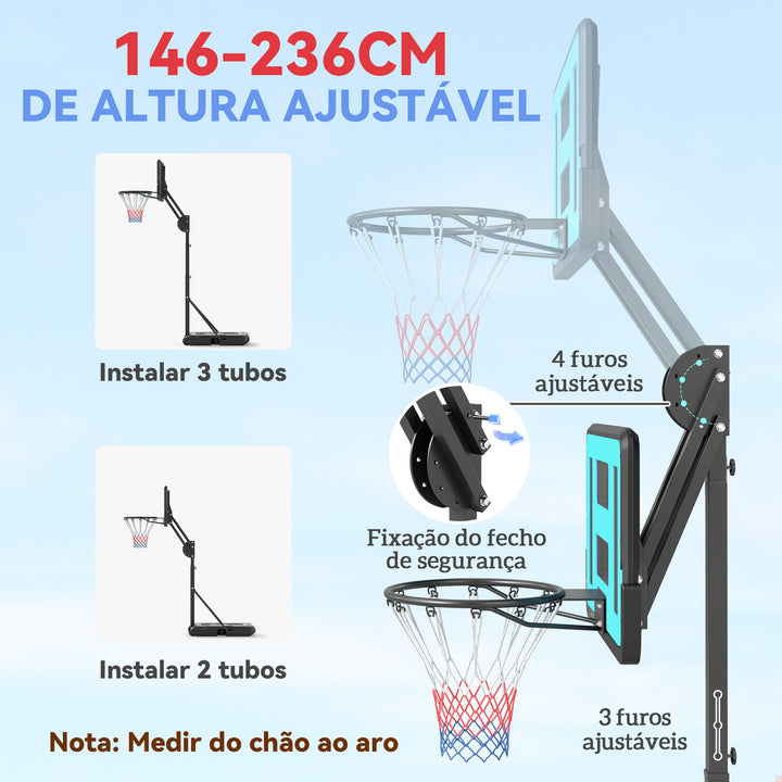 Tabela de Basquetebol Ajustável de 146-236 cm Tabela de Basquetebol Portátil com Rodas e Base Preenchível com Água ou Areia Tabela Inquebrável Preto