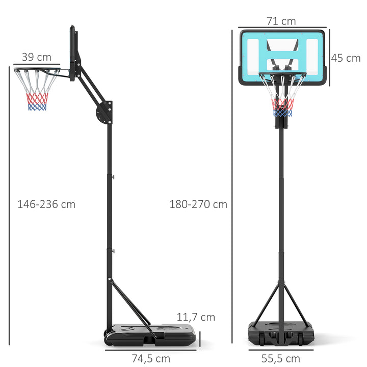 Tabela de Basquetebol Ajustável de 146-236 cm Tabela de Basquetebol Portátil com Rodas e Base Preenchível com Água ou Areia Tabela Inquebrável Preto