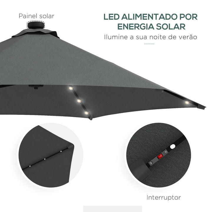 Chapéu de Sol Excêntrico de 3 m com Luzes LED Chapéu de Sol de Jardim com Manivela e Base em Cruz para Exterior Pátio Terraço Cinza Escuro