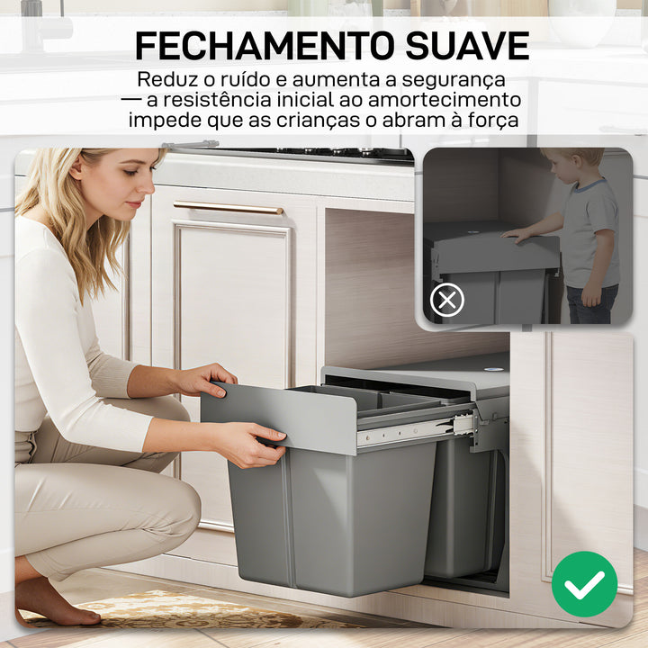 Balde de Lixo Embutido com 3 Recipientes Removíveis Capacidade Total 31L (15L+8Lx2) Fixação Inferior para Reciclagem e Resíduos 48x34,3x35,1 cm Cinzento Claro