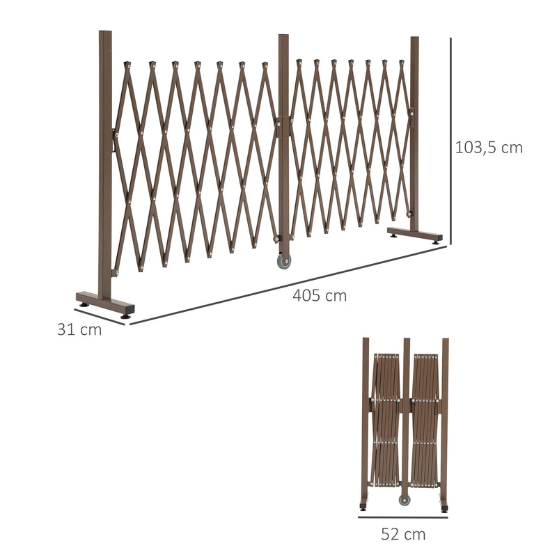 Cerca de Jardim Exterior de Liga de Alumínio Vedação Metálica Extensível com Rodas para Decoração Varanda Pátio 405x31x103,5 cm Marrom Escuro