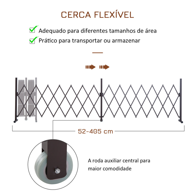 Cerca de Jardim Exterior de Liga de Alumínio Vedação Metálica Extensível com Rodas para Decoração Varanda Pátio 405x31x103,5 cm Marrom Escuro