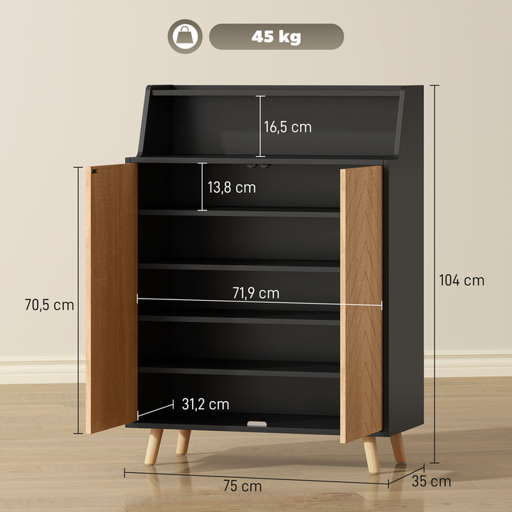 Sapateira de 2 Portas Sapateira para Entrada com Prateleiras Ajustáveis Compartimento Aberto e Pés em Madeira para 15 Pares de Sapatos 75x35x104 cm Preto e Madeira