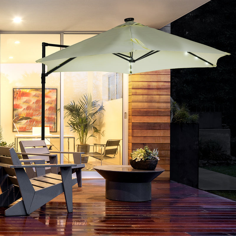 Chapéu de Sol Excêntrico Ø256x248 cm com Luzes LED Solar Mastro Giratório 360° Chapéu de Sol de Exterior com Manivela Manual e Ventilação Superior Bege