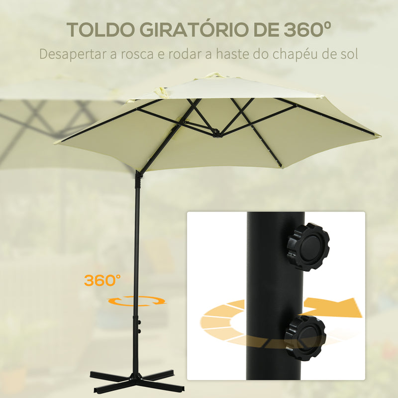 Chapéu de Sol Excêntrico Ø256x248 cm com Luzes LED Solar Mastro Giratório 360° Chapéu de Sol de Exterior com Manivela Manual e Ventilação Superior Bege