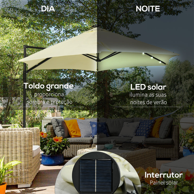 Chapéu de Sol Excêntrico Ø256x248 cm com Luzes LED Solar Mastro Giratório 360° Chapéu de Sol de Exterior com Manivela Manual e Ventilação Superior Bege