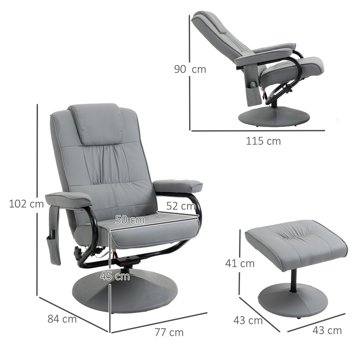 Poltrona de Massagem Elétrica com Banco para Apoiar os Pés Poltrona Relax Giratório Reclinável em até 145° com Controle Remoto e 10 Pontos de Massagem Estofado em PU 77x84x102 cm Cinza