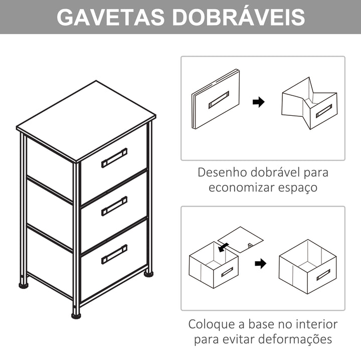 Mesa de Cabeceira com 3 Gavetas de Tecido Móvel de Arrumação Multifuncional para Dormitório Sala de Estar Corredor 45x30x71 cm Cinza e Branco