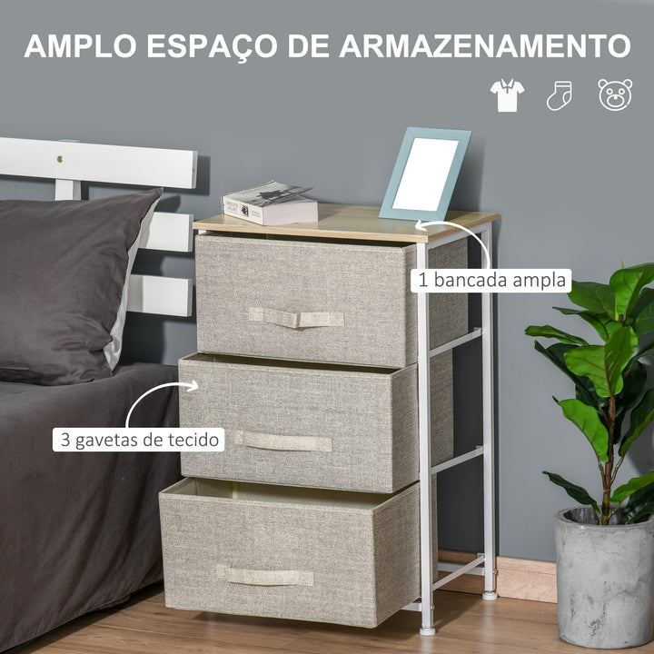 Mesa de Cabeceira com 3 Gavetas de Tecido Móvel de Arrumação Multifuncional para Dormitório Sala de Estar Corredor 45x30x71 cm Cinza e Branco