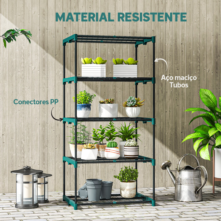 Suporte para Plantas de 5 Níveis Estante de Aço com Prateleiras de Rede Interior e Exterior, 67x49x138 cm Verde Escuro