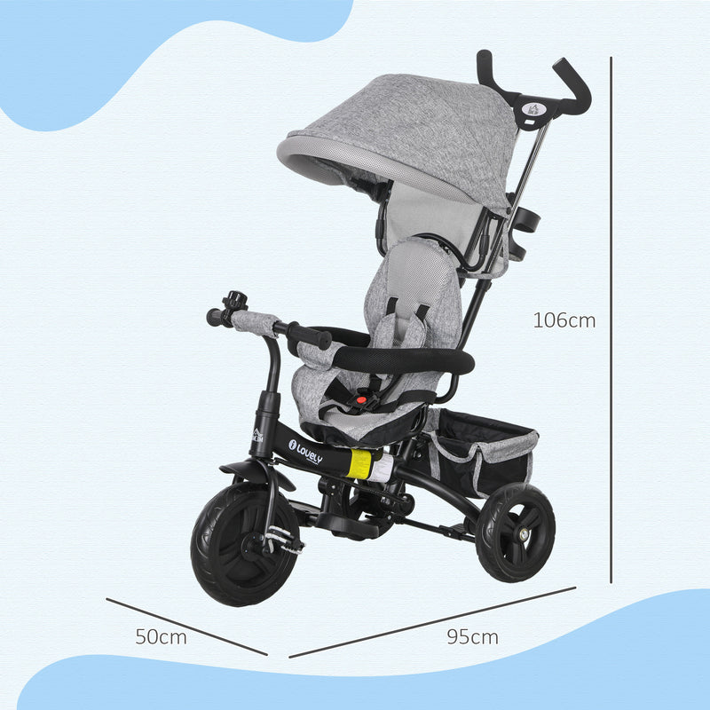 Triciclo para Bebés 2 em 1 Triciclo Evolutivo para Crianças de +12 Meses com Toldo Dobrável Guiador Telescópico e Removível Cinto de Segurança e Cesto 95x50x106 cm Cinza