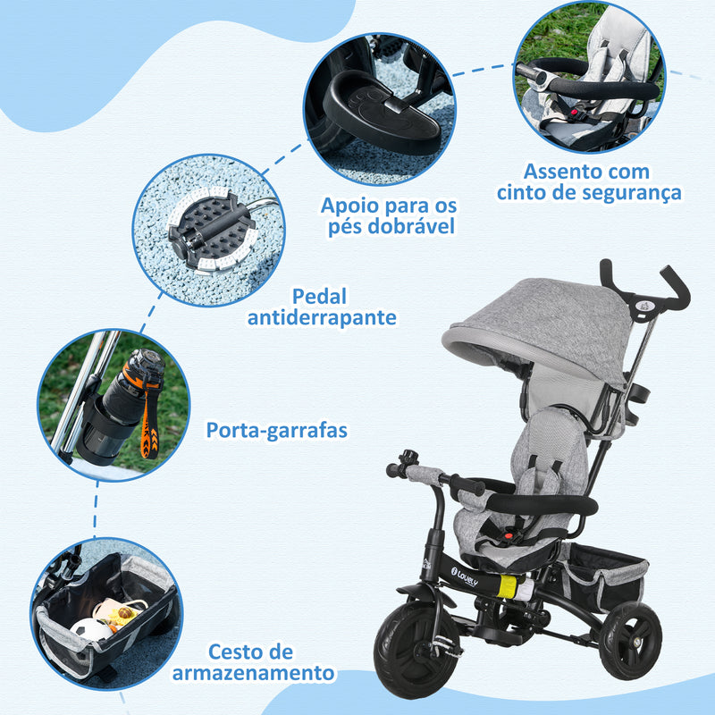 Triciclo para Bebés 2 em 1 Triciclo Evolutivo para Crianças de +12 Meses com Toldo Dobrável Guiador Telescópico e Removível Cinto de Segurança e Cesto 95x50x106 cm Cinza