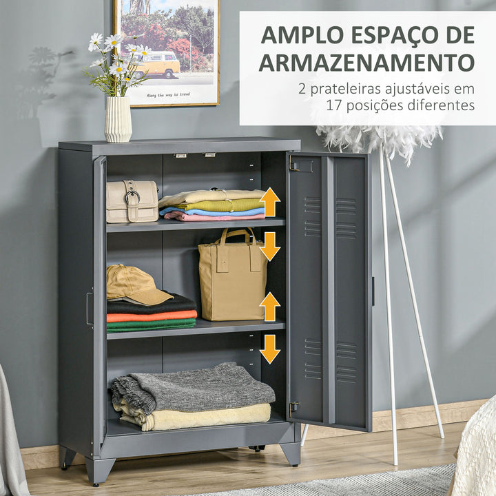 Armário de Metal de Armazenamento com Dupla Porta 2 Prateleiras com Altura Ajustável Armário Multiúso para Escritório Dormitório Garagem 75x33x110cm Cinza