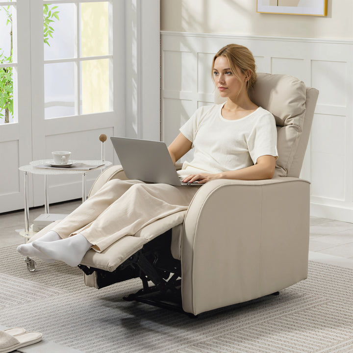 Poltrona Relax Reclinável Manual, Poltrona Estofada em PU com Apoio de Pés Retrátil, Almofadada, Reclinável até 160º, para Sala, Quarto, Creme, 65x89x100 cm