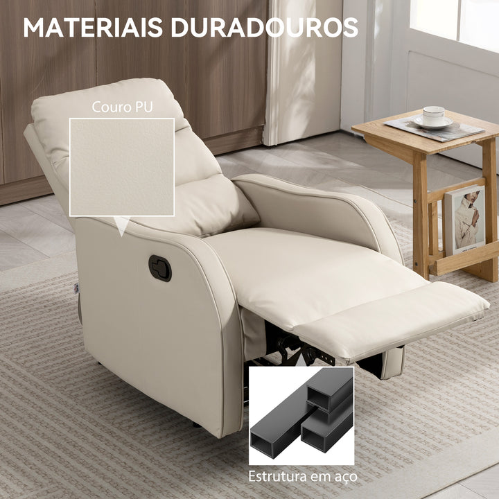 Poltrona Relax Reclinável Manual, Poltrona Estofada em PU com Apoio de Pés Retrátil, Almofadada, Reclinável até 160º, para Sala, Quarto, Creme, 65x89x100 cm