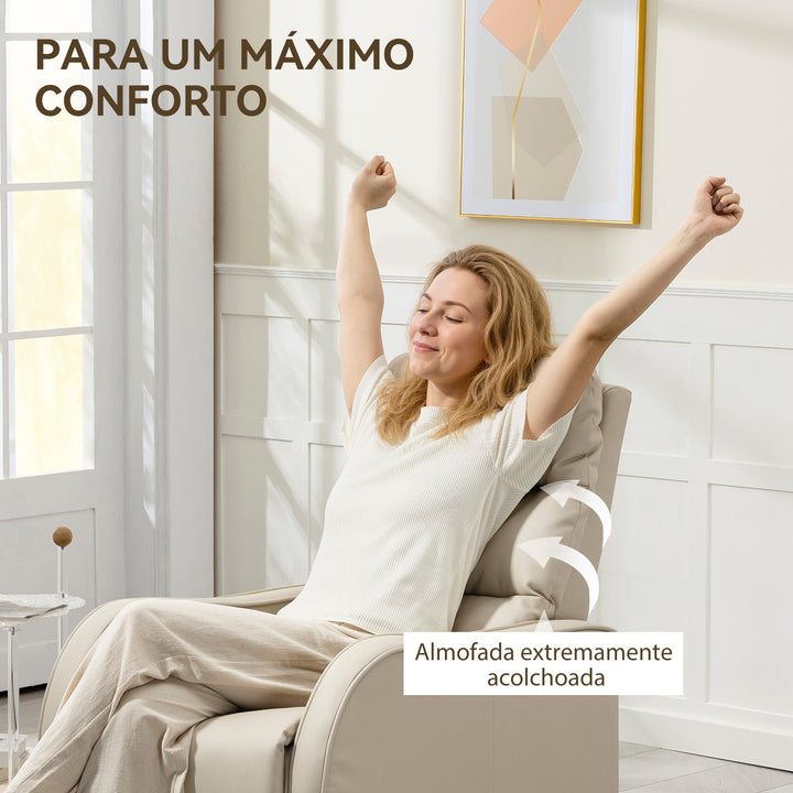 Poltrona Relax Reclinável Manual, Poltrona Estofada em PU com Apoio de Pés Retrátil, Almofadada, Reclinável até 160º, para Sala, Quarto, Creme, 65x89x100 cm