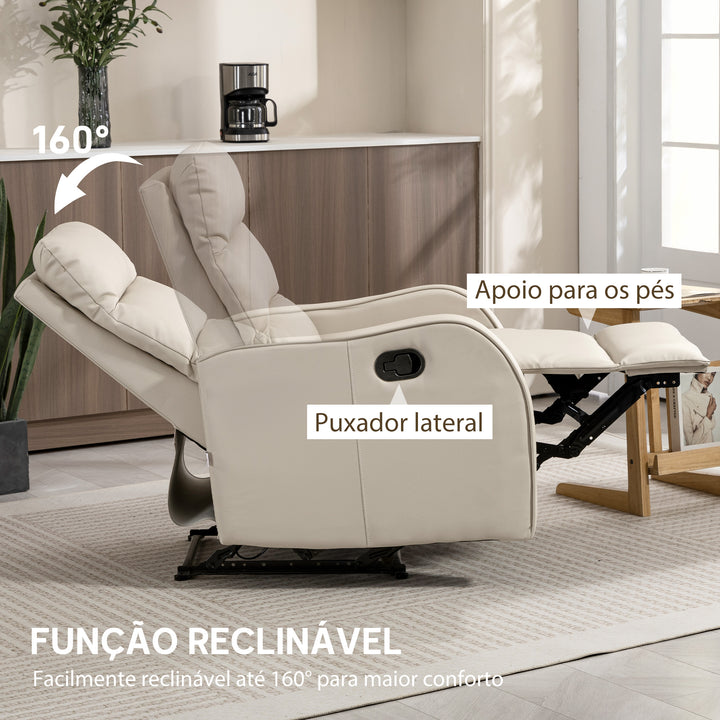 Poltrona Relax Reclinável Manual, Poltrona Estofada em PU com Apoio de Pés Retrátil, Almofadada, Reclinável até 160º, para Sala, Quarto, Creme, 65x89x100 cm