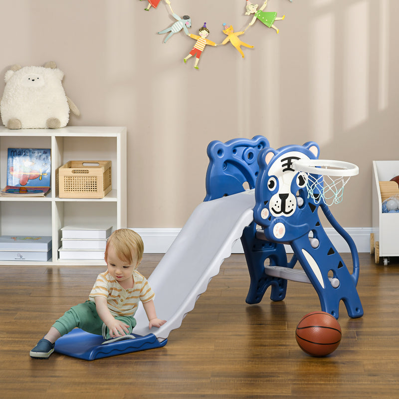 Escorrega para Crianças 2 em 1 Escorrega para Crianças de 18 a 36 Meses com 2 Degraus Cesta de Basquetebol e Desenho de Tigre para Interior 133x60x70 cm Azul e Cinza