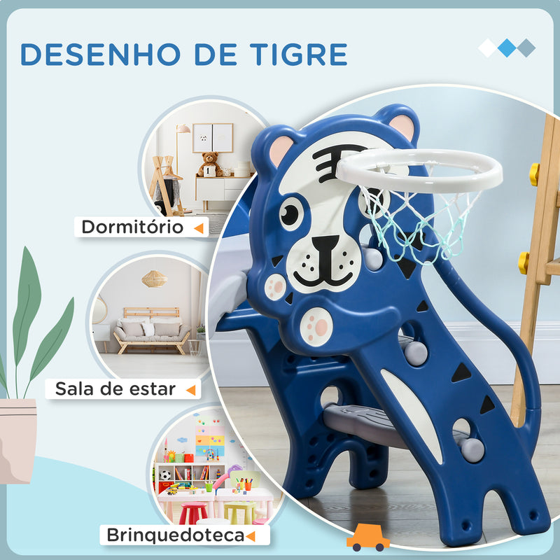 Escorrega para Crianças 2 em 1 Escorrega para Crianças de 18 a 36 Meses com 2 Degraus Cesta de Basquetebol e Desenho de Tigre para Interior 133x60x70 cm Azul e Cinza