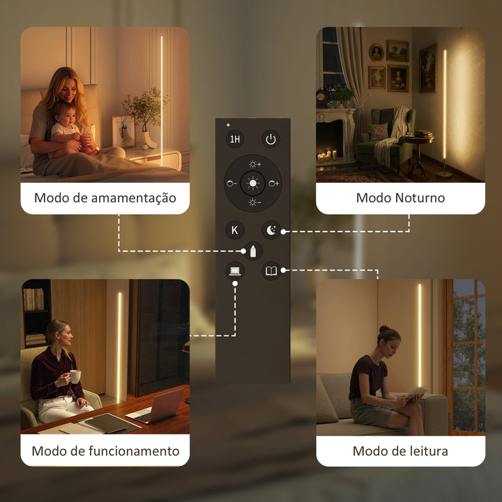 Candeeiro de Pé Moderno Candeeiro de Pé Sala de Estar com Brilho e Temperaturas de Cor Ajustáveis 3000K-6000K Controlo Remoto Temporizador para Quarto Escritório Decoração Ø20x150 cm Prata