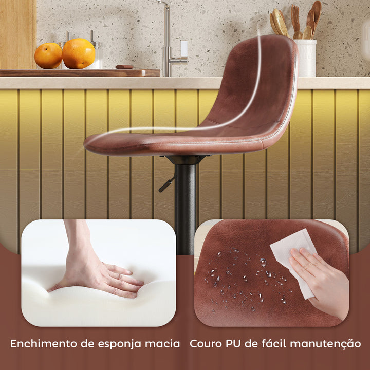 Conjunto de 2 Bancos de Bar Bancos Altos de Cozinha Reguláveis em Altura 84-104 cm com Encosto e Apoio para os Pés Estofadas em PU Giratórias em 360° para Sala de Jantar Varanda Marrom