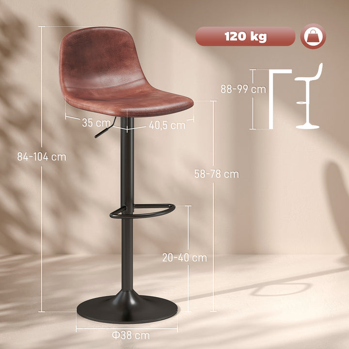 Conjunto de 2 Bancos de Bar Bancos Altos de Cozinha Reguláveis em Altura 84-104 cm com Encosto e Apoio para os Pés Estofadas em PU Giratórias em 360° para Sala de Jantar Varanda Marrom