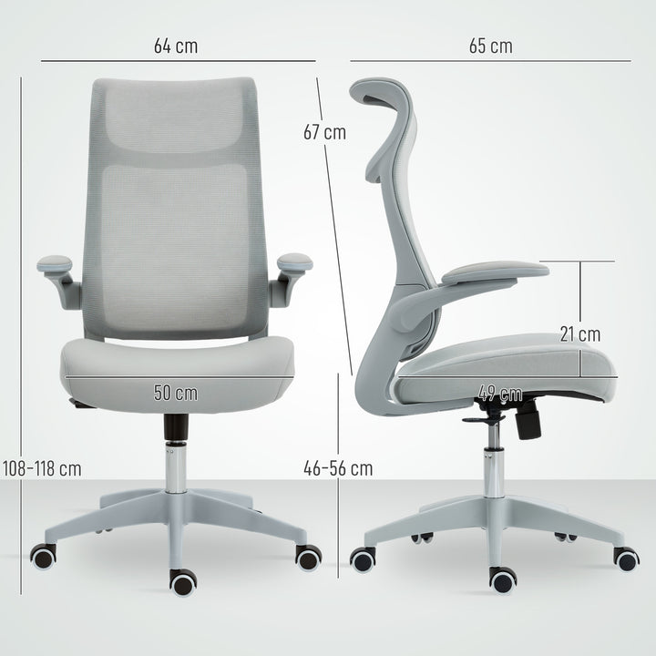Cadeira de Escritório Ergonómica Cadeira de Escritório Giratória com Suporte Lombar e Apoios de Braços 3D Dobráveis Apoio de Cabeça Integrado Função de Basculante e Altura Ajustável 64x65x108-118 cm Cinzento