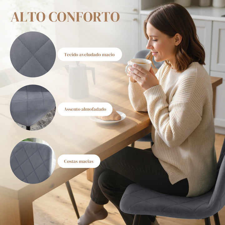 Conjunto de 4 Cadeiras de Jantar Modernas Cadeiras de Cozinha Estofadas em Veludo com Pés de Aço para Sala de Estar 45x54x87 cm Cinza
