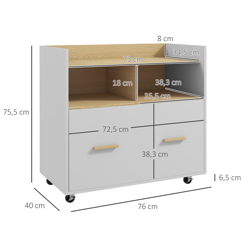 Armário para Escritório Armário para Arquivos com Rodas Gaveta Barra Suspensa para Tamanho A4 e 2 Compartimentos de Armazenamento para Estúdio Sala de Estar 76x40x75,5 cm Branco e Madeira