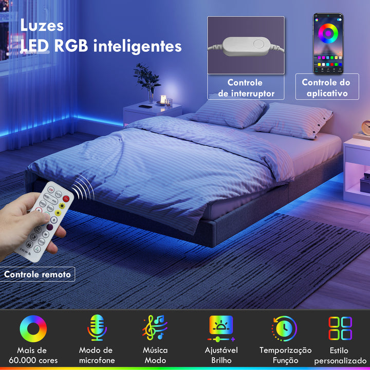 Cama 160x200 cm com Luzes LED Estofada em Linho Ripas de Madeira Silenciosa Fácil de Montar Cinzento