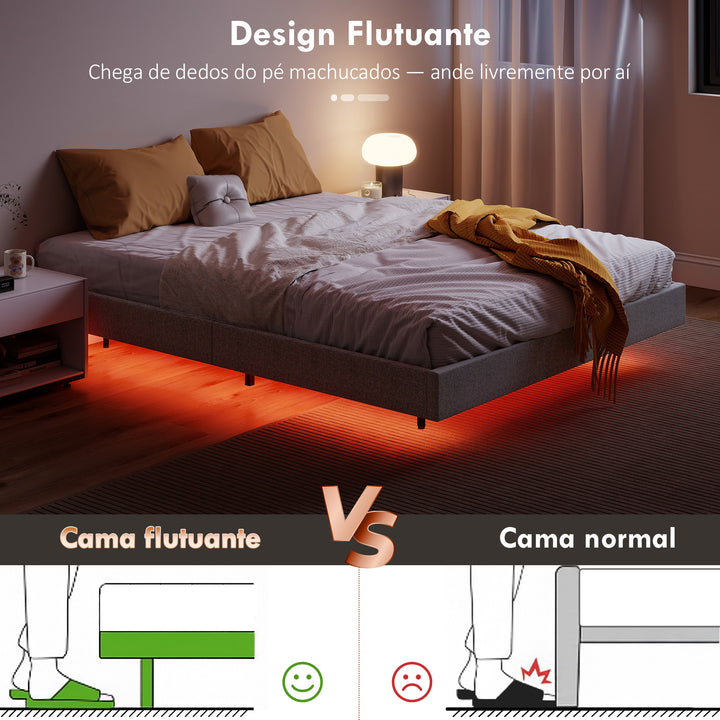 Cama 160x200 cm com Luzes LED Estofada em Linho Ripas de Madeira Silenciosa Fácil de Montar Cinzento