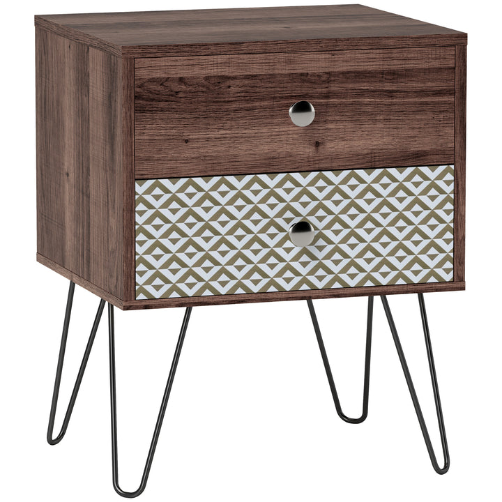 Mesa de Cabeceira com 2 Gavetas Mesa de Noite com Pés de Aço Estilo Boémio Mesa de Cabeceira para Quarto Sala de Estar 45x39x55,5 cm Marrom