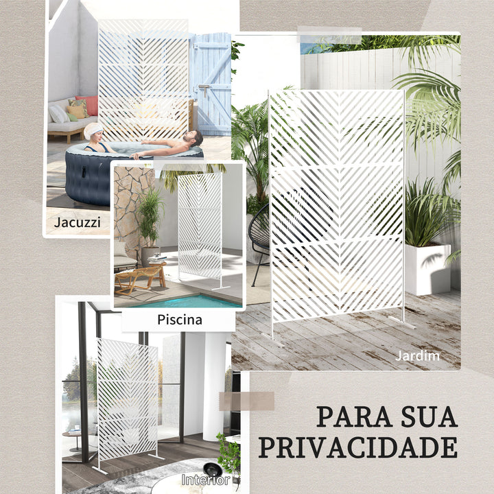 Biombo de Exterior Separador de Ambientes com 3 Peças com Padrão de Linhas Transversais e Estrutura de Aço Ecrã de Privacidade para Pátio Varanda Jardim 122x45x198 cm Branco