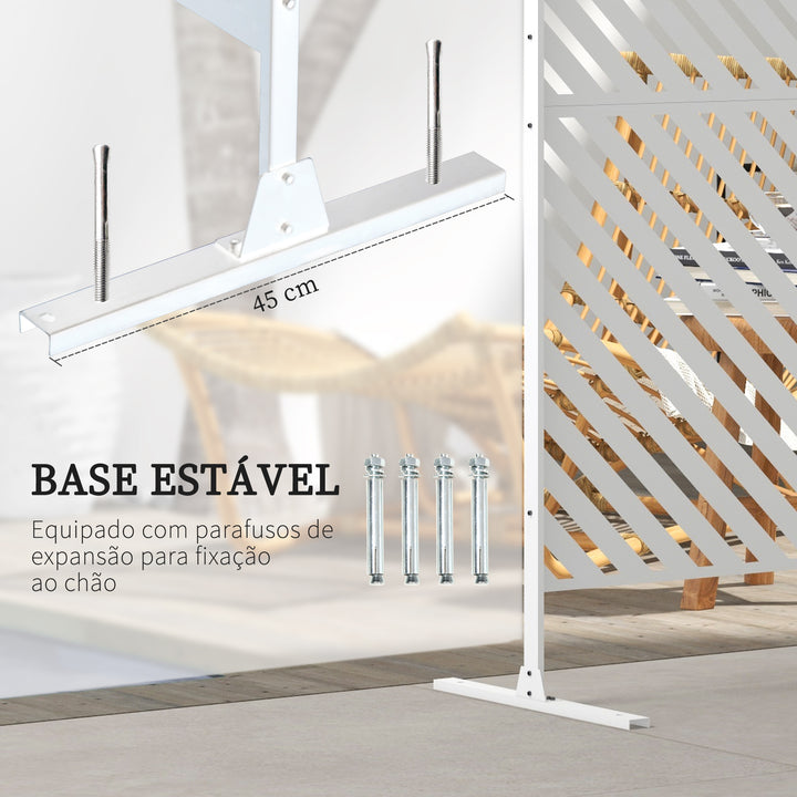 Biombo de Exterior Separador de Ambientes com 3 Peças com Padrão de Linhas Transversais e Estrutura de Aço Ecrã de Privacidade para Pátio Varanda Jardim 122x45x198 cm Branco