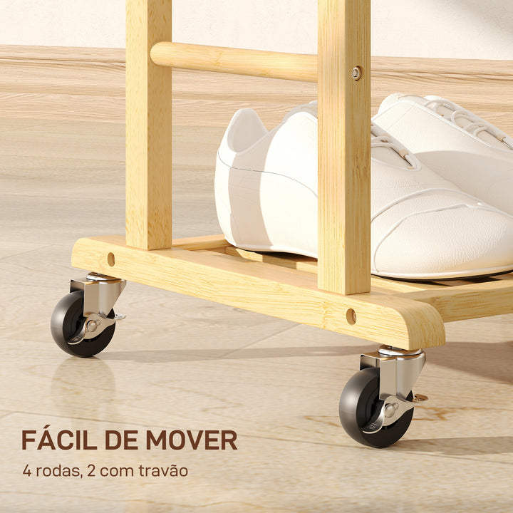 Cabide de Pé de Bambu Cabide com Rodas Suportes para Roupas Barras para Calças Bandeja e Sapateira Cabide para Roupas Corredor 47x33,7x105,5 cm Madeira