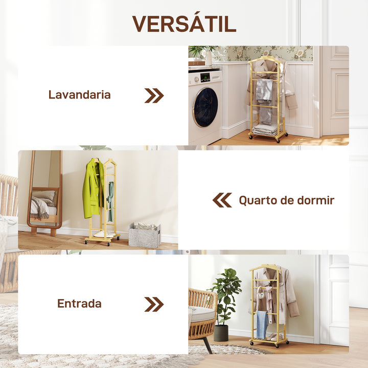 Cabide de Pé de Bambu Cabide com Rodas Suportes para Roupas Barras para Calças Bandeja e Sapateira Cabide para Roupas Corredor 47x33,7x105,5 cm Madeira