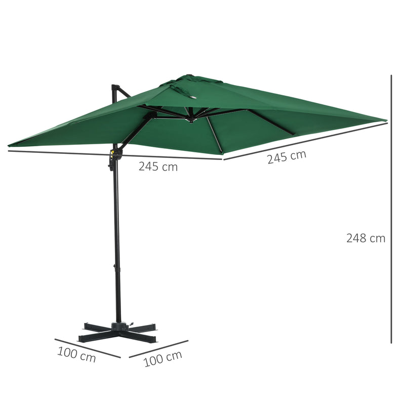 Chapéu de Sol de Jardim 245x245x245 cm Chapéu de Sol Excêntrico com Rotação 360° Inclinação de 3 Níveis com Manivela e Ventilação para Pátio Terraço Verde