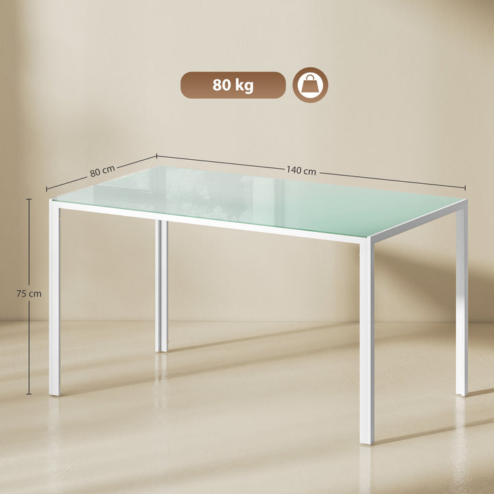 Mesa de Refeição de Vidro Mesa Retangular para 6 Pessoas com Pés de Metal Multifuncional para Cozinha ou Sala 140x80x75 cm Branco