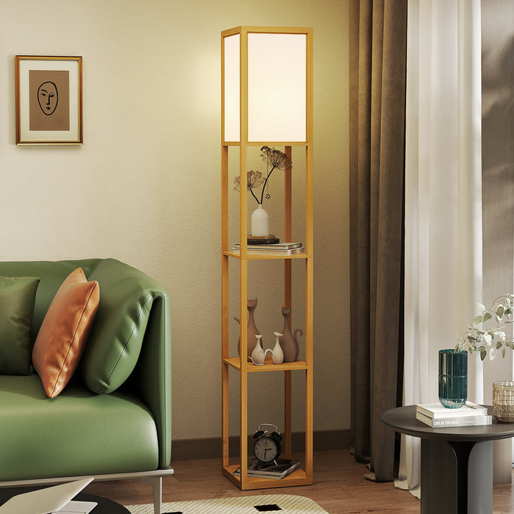 Candeeiro de Pé de Madeira com 3 Prateleiras De Armazenamento para Lâmpada E27 Potência Máx. 40W Candeeiro Moderno para Sala de Estar Dormitório 26x26x160 cm Madeira e Branco