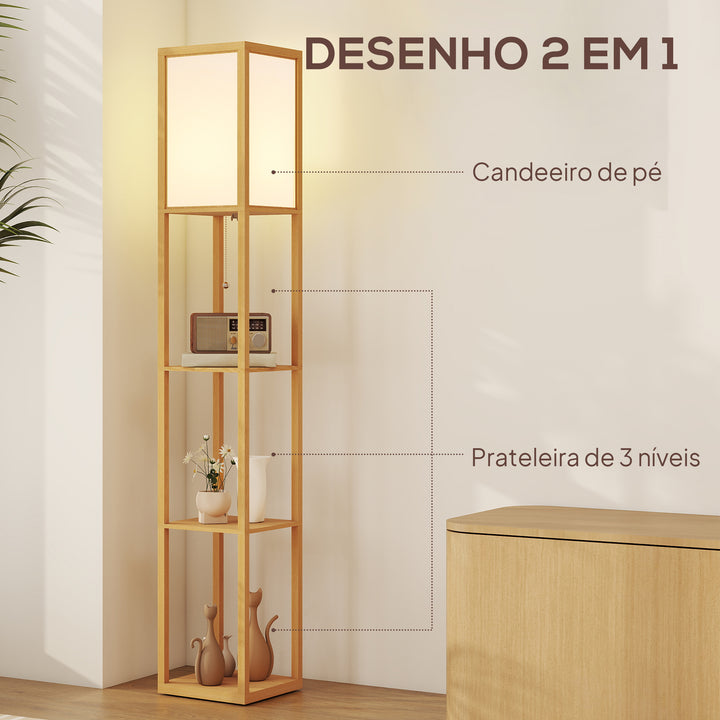 Candeeiro de Pé de Madeira com 3 Prateleiras De Armazenamento para Lâmpada E27 Potência Máx. 40W Candeeiro Moderno para Sala de Estar Dormitório 26x26x160 cm Madeira e Branco