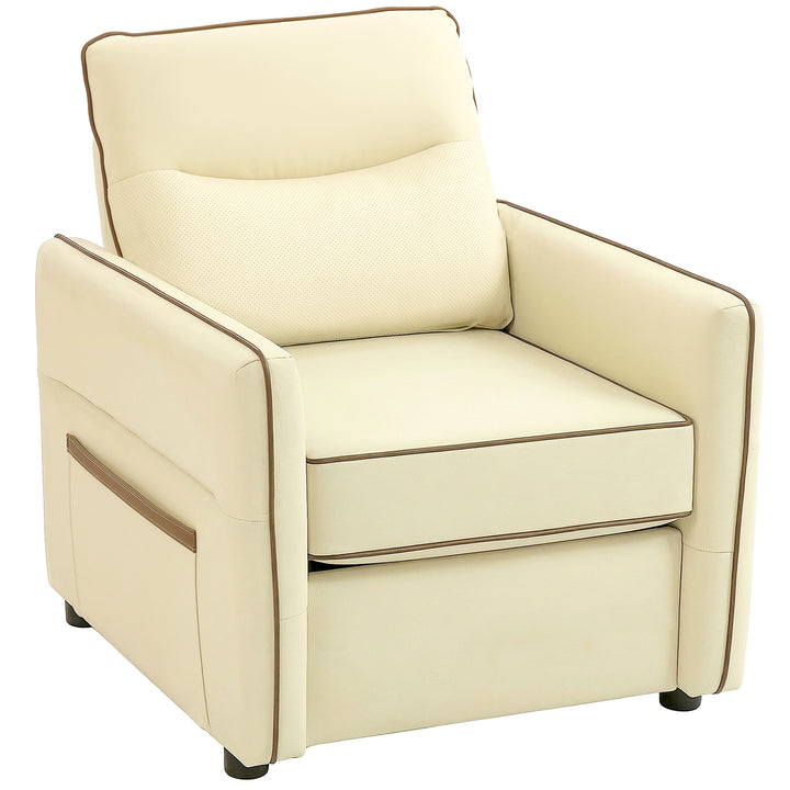 Poltrona Sala de Estar Estofada em Couro Sintético Poltrona Relax Moderna com Assento Largo Acolchoado Espesso Apoios de Braço e Bolso Lateral para Quarto Sala de Estar Capacidade 120 kg Bege