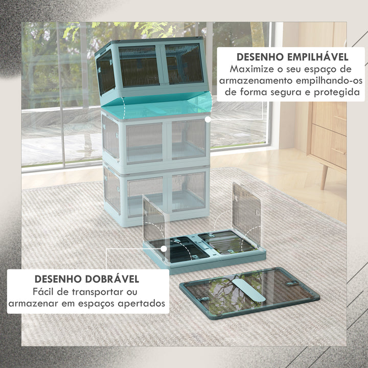 Caixa de Armazenamento Empilhável com Tampa 69L Caixa Organizadora Dobrável com Rodas Contentor de Plástico com Acesso a 5 Lados 60x42x34 cm Azul