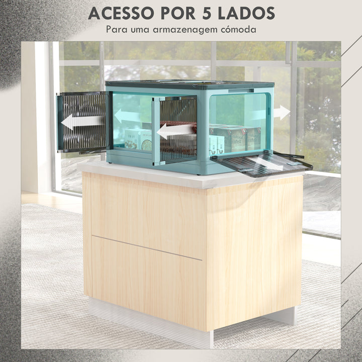Caixa de Armazenamento Empilhável com Tampa 69L Caixa Organizadora Dobrável com Rodas Contentor de Plástico com Acesso a 5 Lados 60x42x34 cm Azul