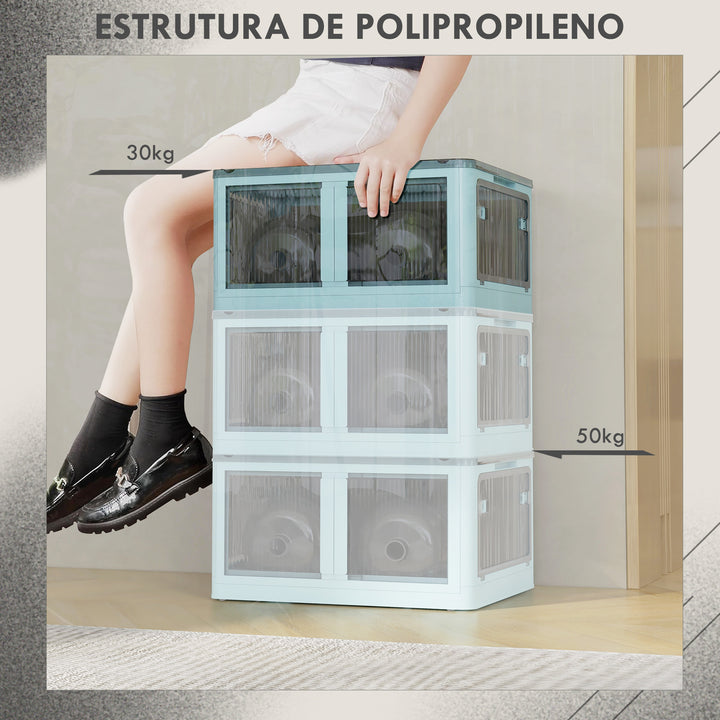 Caixa de Armazenamento Empilhável com Tampa 69L Caixa Organizadora Dobrável com Rodas Contentor de Plástico com Acesso a 5 Lados 60x42x34 cm Azul