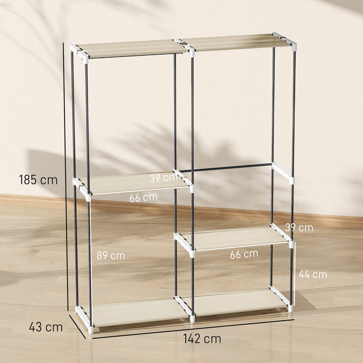 Armário de Roupa Aberto 142x43x185 cm Armário para Roupas com 4 Prateleiras de Tecido 3 Barras para Pendurar e Estrutura de Metal para Quarto Sala Closet Creme